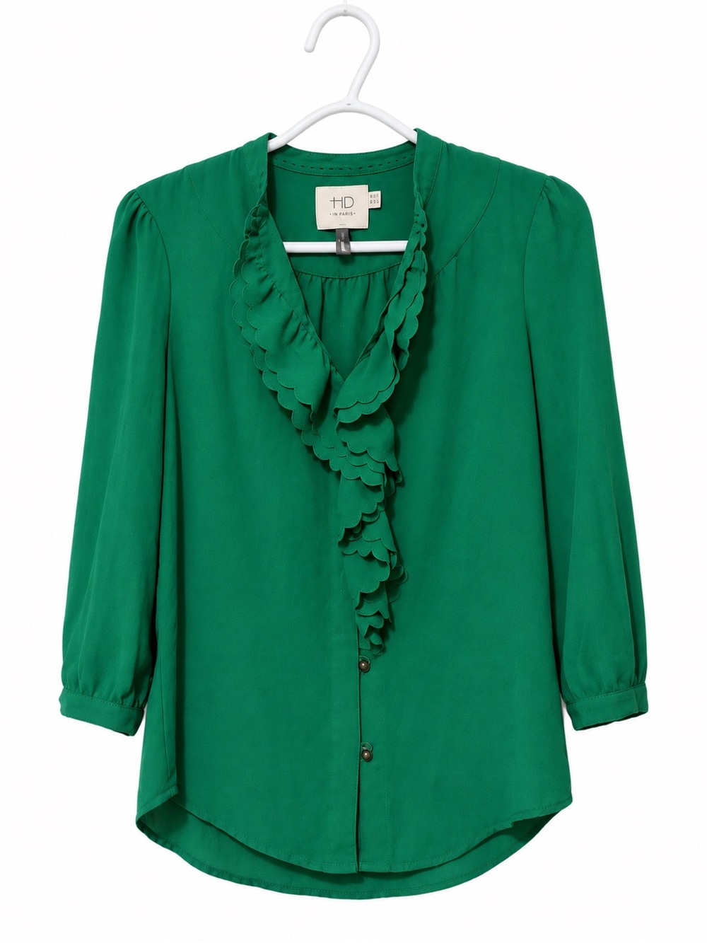 HD in Paris Anthropologie Emerald Green Ruffle Button Blouse Size 4